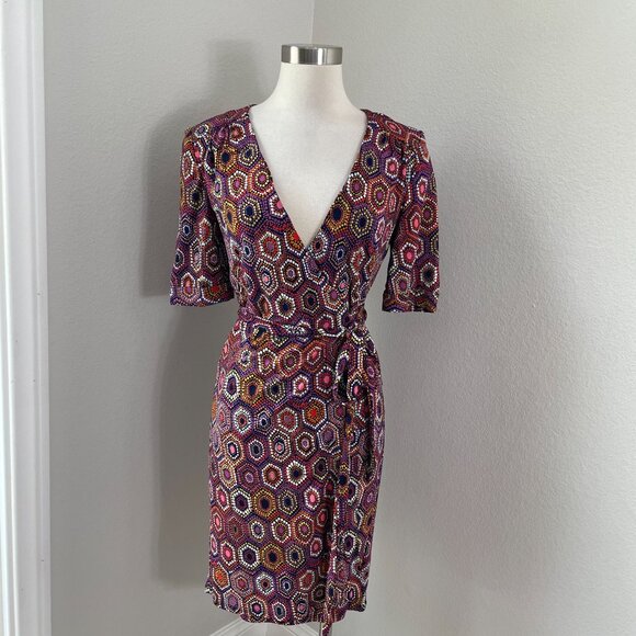 Trina Turk Womens 6 Geometric Stretch Wrap Dress Short Sleeve V Neck - Picture 1 of 9